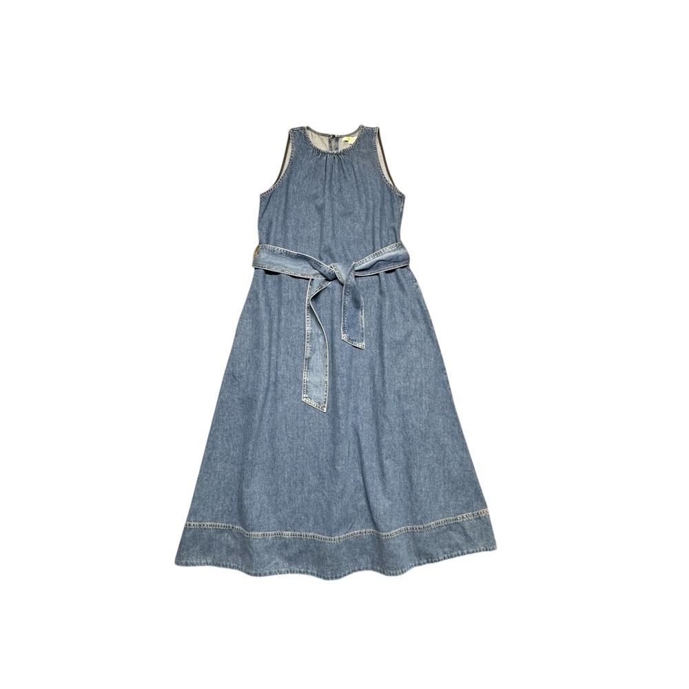 Boden Denim Midi Dress Sz 6P Blue Sleeveless Belted A-Line Pockets Summer Boho